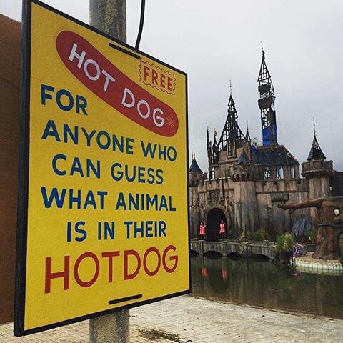 Free Hot Dog sign at Banksy's Dismaland - Carefully selected by Gorgonia www.gorgonia.it
